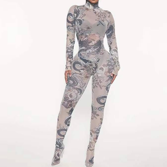 Tattoo print mesh jumpsuit - Picture 1 of 8